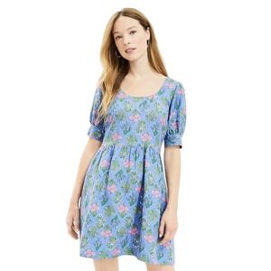 NWT LOFT Size 2 Floral Babydoll Dress Puff Sleeve Blue Linen Cottagecore